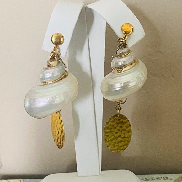 💜 Sesto Continente Made in Italy Shell Earrings 925 Gold Plated Sterling Silver - Picture 5 of 6
